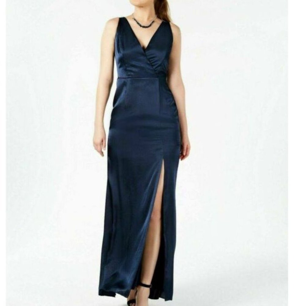 Adrianna Papell Satin V Neck Side slit Gown Navy